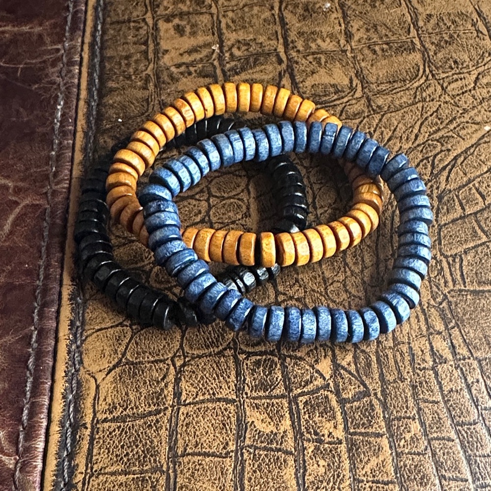 Set of Three Wooden Beaded Bracelets in Blue, Brown and Black